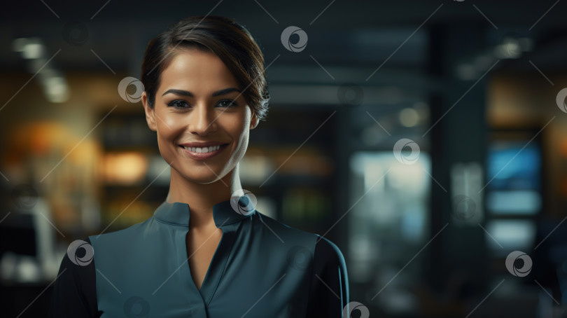 Скачать Позитивная симпатичная улыбающаяся женщина-секретарша за стойкой регистрации, стоящая в офисе и смотрящая в камеру, копирует космический баннер фотосток Ozero