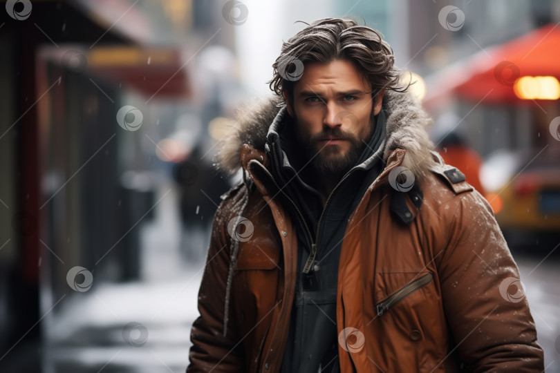 Скачать Портрет красивого взрослого бородатого мужчины в коричневой зимней куртке на улице, стиль жизни фотосток Ozero