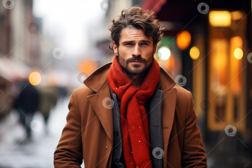 Скачать Портрет красивого стильного мужчины-модели в пальто и шарфе, идущего по улице, стиль жизни. Мужская зимняя мода, сезонная одежда фотосток Ozero
