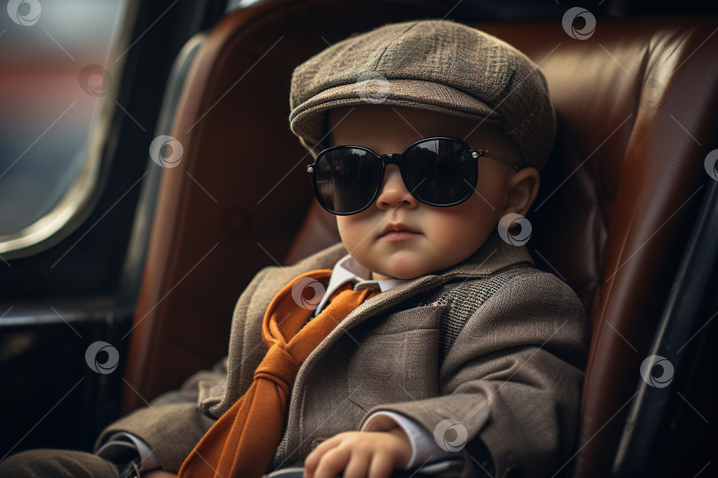 Скачать Портрет стильного крутого кавказского мальчика в кепке, куртке и солнцезащитных очках, сидящего в машине, детская одежда в стиле ретро фотосток Ozero