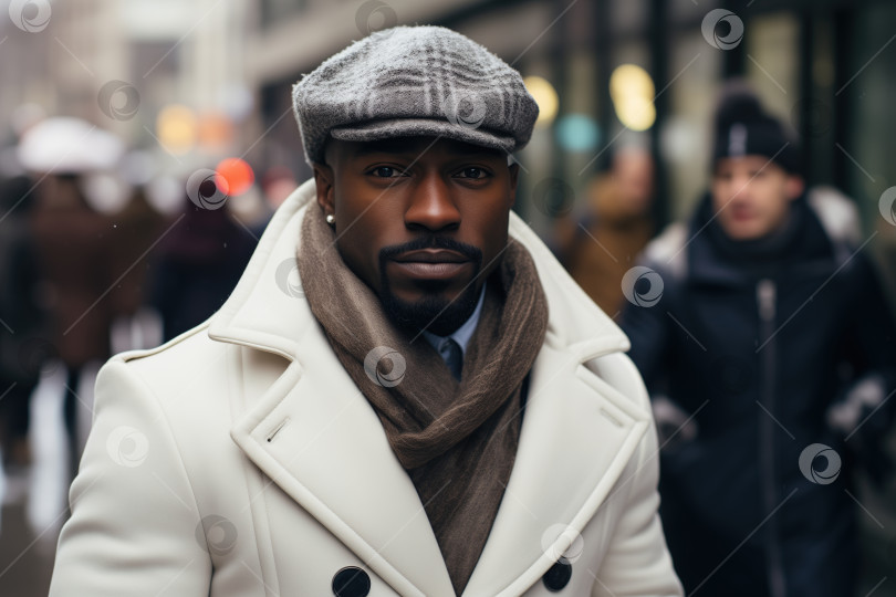 Скачать Портрет стильного успешного взрослого афроамериканца в кепке и белом пальто, стоящего на городской улице зимним днем. Мужская сезонная одежда фотосток Ozero