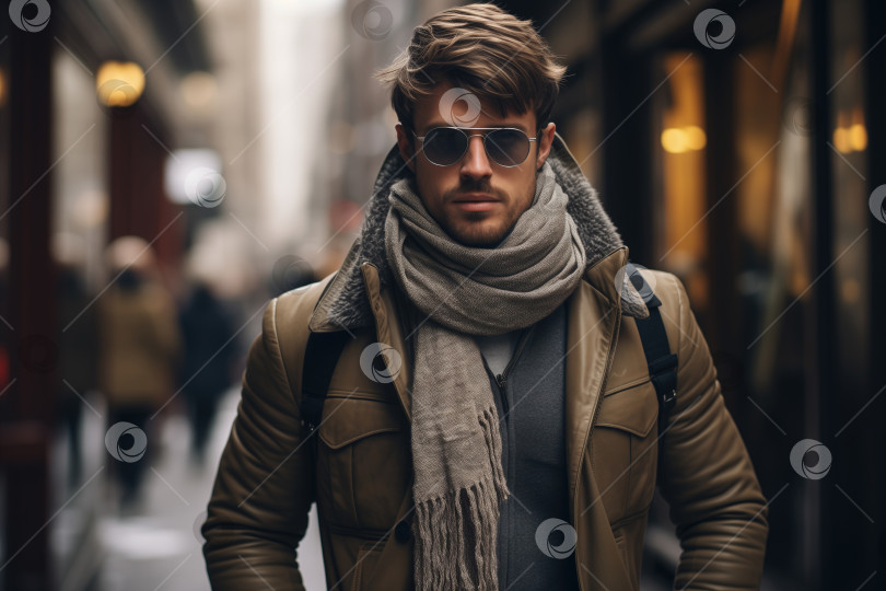 Скачать Портрет красивого стильного мужчины-модели в куртке и очках, идущего по улице. Мужская зимняя мода, сезонная одежда фотосток Ozero