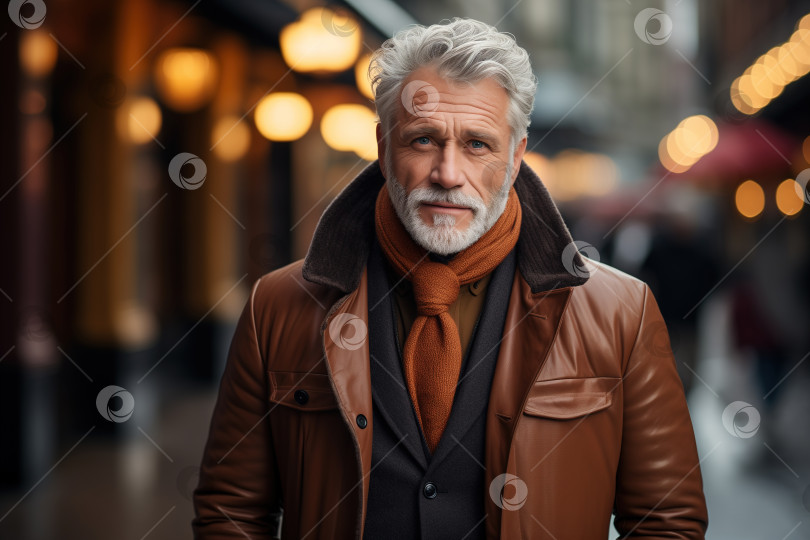Скачать Портрет стильного уверенного в себе мужчины средних лет в коричневой кожаной куртке, стоящего на улице в модной сезонной одежде фотосток Ozero