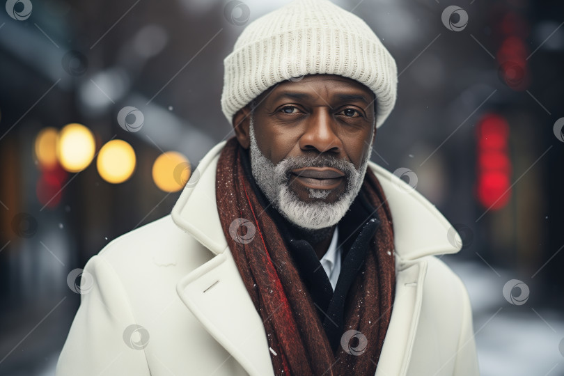 Скачать Портрет стильного успешного афроамериканца средних лет в шляпе и белом пальто, уверенного в себе пожилого мужчины, стоящего на городской улице зимним днем. Мужская сезонная одежда фотосток Ozero