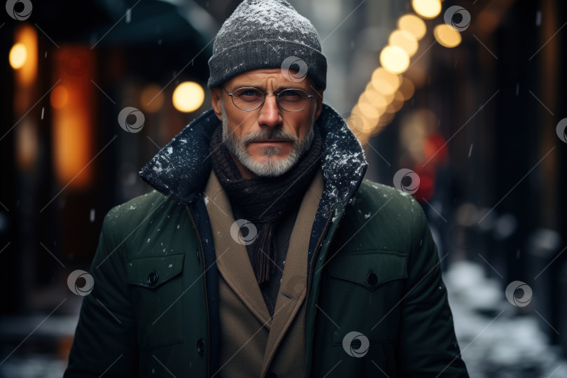 Скачать Портрет красивого бородатого мужчины средних лет в куртке, шляпе и очках, стоящего на улице зимним днем, стиль жизни. Мужская мода фотосток Ozero