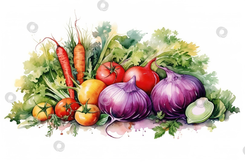 Скачать Набор свежих овощей, акварельная иллюстрация на белом листе фотосток Ozero