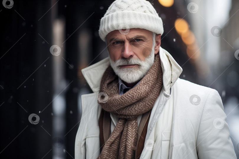 Скачать Портрет красивого серьезного мужчины средних лет в белой куртке и шляпе на улице в зимний снежный день, стиль жизни. Мужская мода для пожилых фотосток Ozero