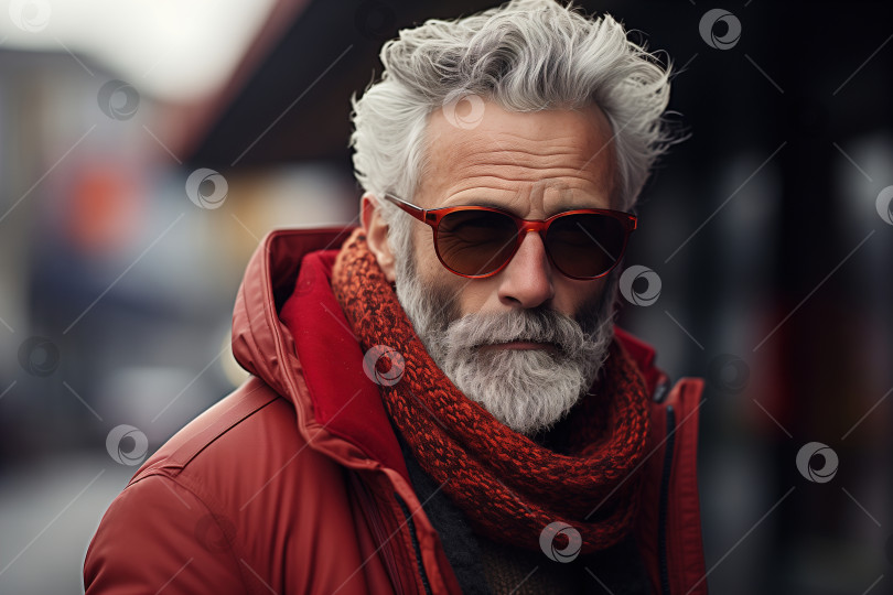 Скачать Мужская модная сезонная одежда. Портрет стильного мужчины средних лет в красной куртке, шарфе и очках на зимней улице фотосток Ozero