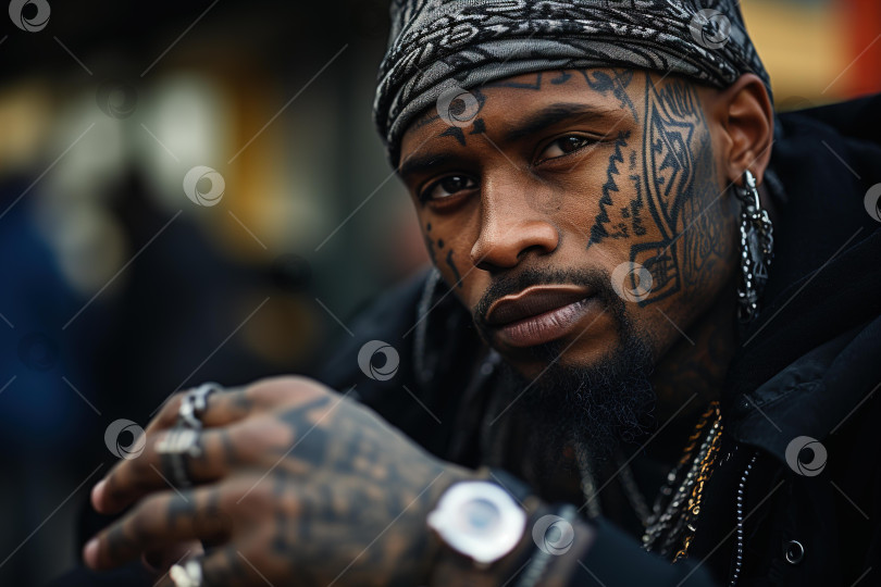 Скачать Гангстер, афроамериканец с татуировкой и цепями на улице смотрит в камеру. Портрет бандита фотосток Ozero