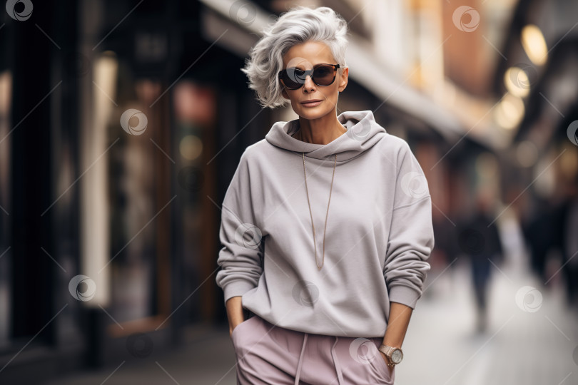 Скачать Стильная женщина-модель средних лет в одежде оверсайз, солнцезащитных очках и седой прическе прогуливается по городской улице фотосток Ozero