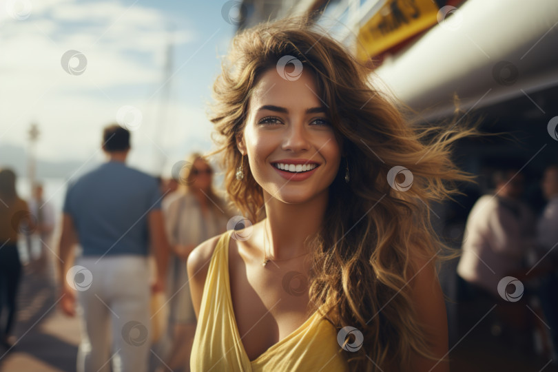 Скачать Путешествие, концепция круиза. Портрет счастливой красивой женщины в платье, стоящей в порту на фоне круизного лайнера солнечным летним днем фотосток Ozero
