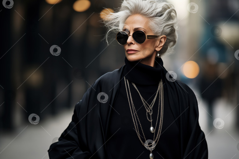 Скачать Женская мода среднего возраста. Уверенная в себе успешная стильная пожилая женщина в негабаритной черной одежде, солнцезащитных очках и седой прическе позирует на городской улице фотосток Ozero