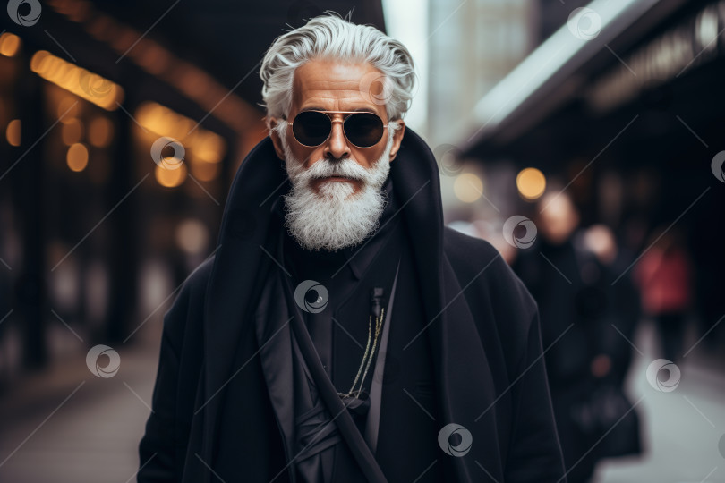 Скачать Стильная мужская мода среднего возраста. Крутой брутальный мужчина с седой прической и бородой в черной одежде и солнцезащитных очках на городской улице фотосток Ozero