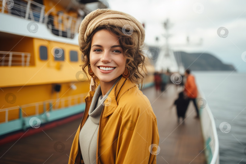 Скачать Портрет улыбающейся туристки, стоящей в морском порту на фоне лайнера и смотрящей в камеру, отпуск. Морское путешествие, круиз, концепция поездки фотосток Ozero
