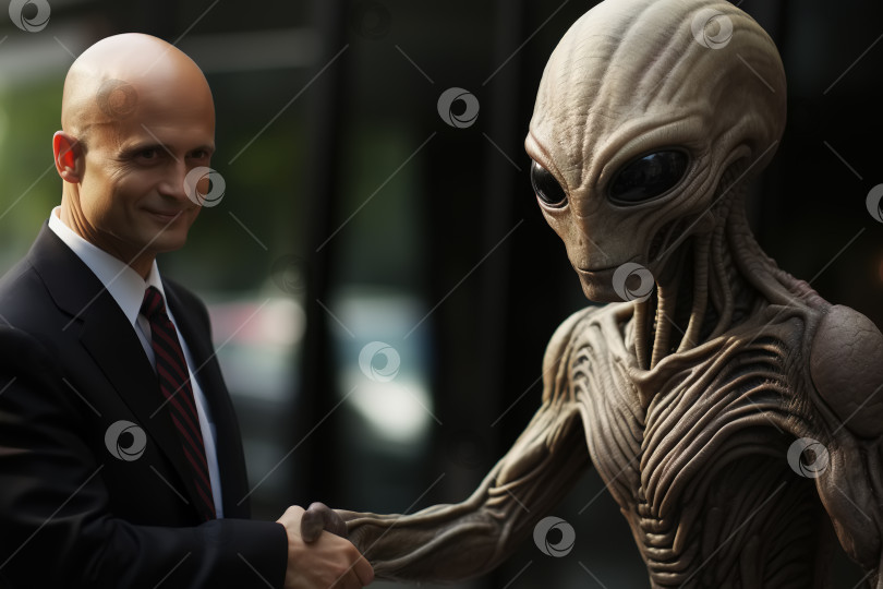 Скачать Контакт с НЛО, политик в костюме пожимает руку инопланетянину, сотрудничество с неземной цивилизацией фотосток Ozero