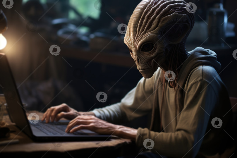 Скачать Инопланетный хакер, использующий ноутбук, сидя в темной комнате, научная фантастика фотосток Ozero