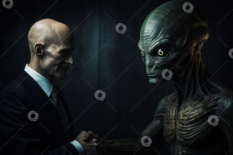 Скачать Концепция научно-фантастической теории заговора о контакте с НЛО. Мужчина-политик в костюме пожимает руку инопланетянину, сотрудничество с неземной цивилизацией фотосток Ozero