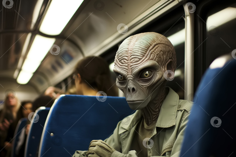 Скачать Инопланетный пассажир в метро, неземное мистическое существо, сидящее в автобусе и смотрящее в камеру фотосток Ozero