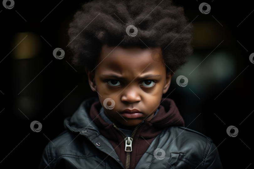 Скачать Портрет сердитого афроамериканского мальчика с нахмуренным выражением лица на открытом воздухе фотосток Ozero