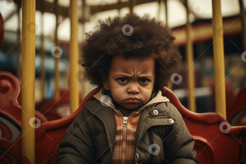 Скачать Серьезно расстроенный афроамериканский мальчик на карусели в парке развлечений, эмоциональный портрет ребенка фотосток Ozero