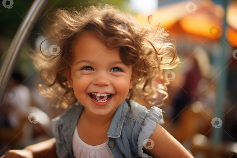 Скачать Детское веселье, смеющаяся девочка на карусели в парке развлечений. Жизнерадостный маленький кавказский ребенок наслаждается своими каникулами фотосток Ozero