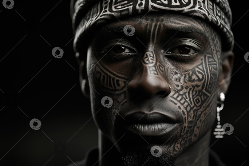 Скачать Серьезный афроамериканец с традиционной татуировкой на коже лица и серьгой в ухе смотрит в камеру фотосток Ozero