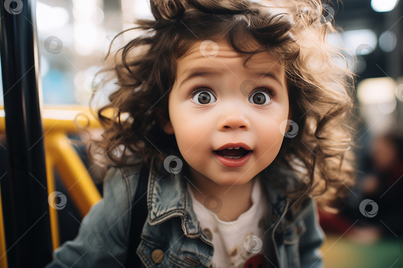 Скачать Возбужденная лохматая девушка на открытом воздухе, портрет симпатичного кавказского ребенка с кудряшками фотосток Ozero