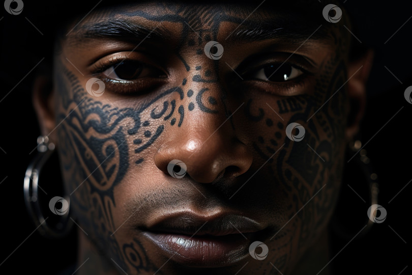 Скачать Мужской снимок головы, изображающий серьезного афроамериканца с татуировкой на лице и серьгами в ушах, смотрящего в камеру фотосток Ozero