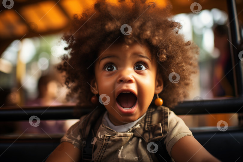 Скачать Афроамериканская девочка с выражением испуга на лице катается на карусели в парке развлечений. Детские страхи. Кричащий, испуганный ребенок фотосток Ozero
