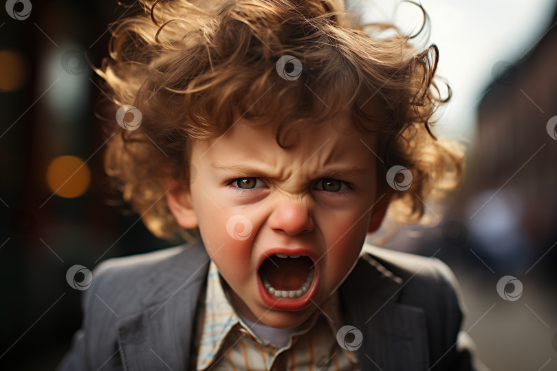 Скачать Снимок головы кричащего сердитого мальчика. Детская агрессия, расстроенный кавказский ребенок смотрит в камеру на улице фотосток Ozero