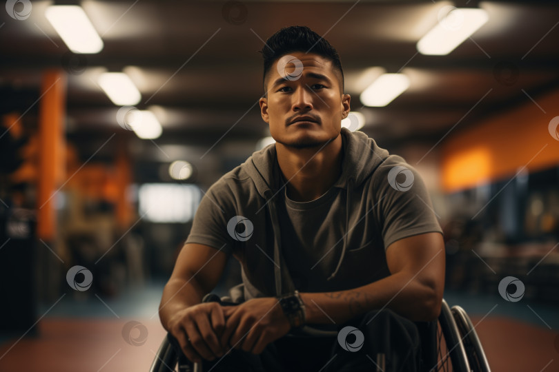 Скачать Сильный азиатский спортсмен-инвалид на инвалидной коляске в тренажерном зале, травмы и активный образ жизни фотосток Ozero
