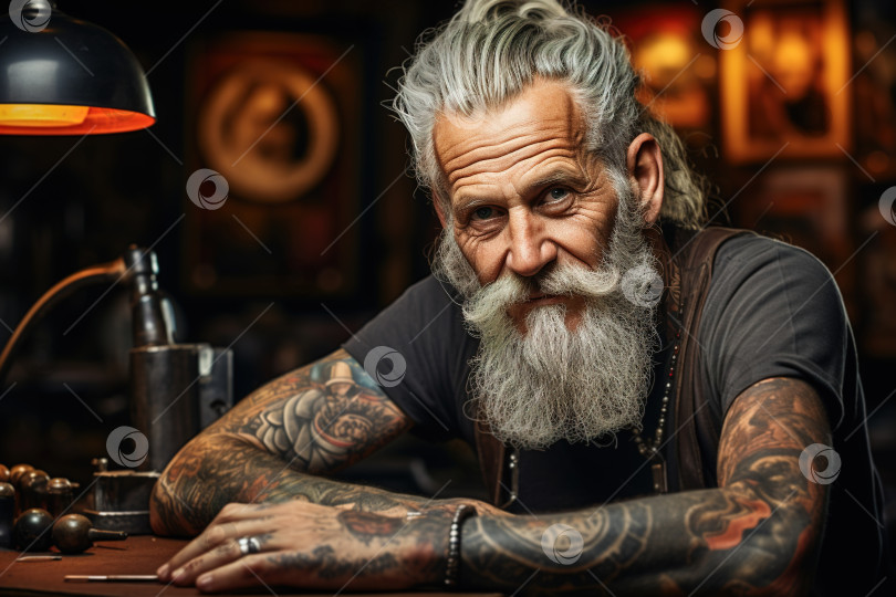 Скачать Портрет старшего татуировщика в мастерской, татуированный пожилой бородатый мужчина смотрит в камеру фотосток Ozero