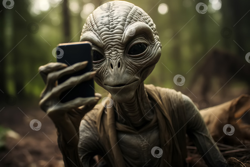 Скачать Инопланетянин держит в руках смартфон и смотрит на экран мобильного телефона в лесу фотосток Ozero