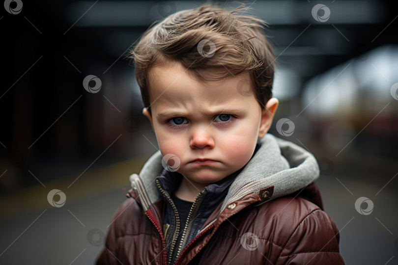 Скачать Портрет сердитого ребенка на улице, маленький белый мальчик хмуро смотрит в камеру фотосток Ozero