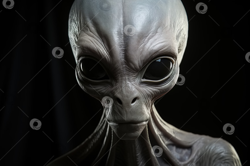 Скачать Портрет серого инопланетянина, смотрящего в камеру на черном фоне, научная фантастика фотосток Ozero