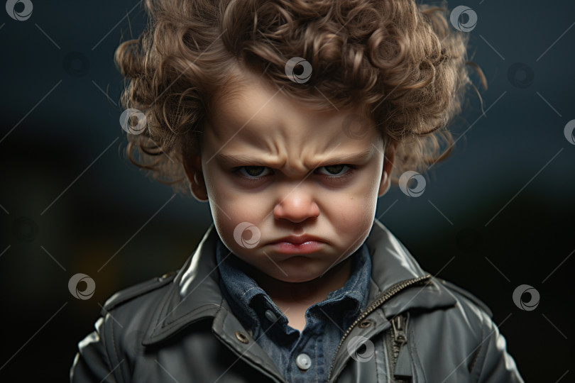 Скачать Нахмуренный сердитый или обиженный маленький кавказский кудрявый мальчик сердито смотрит в камеру фотосток Ozero