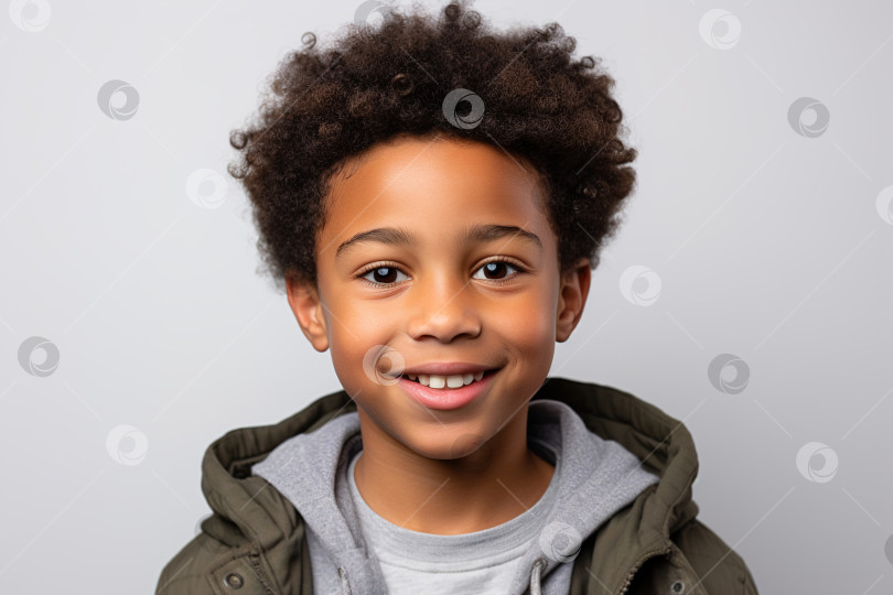 Скачать Эмоциональный портрет ребенка, позитивный улыбающийся маленький афроамериканец с кудрявой прической фотосток Ozero