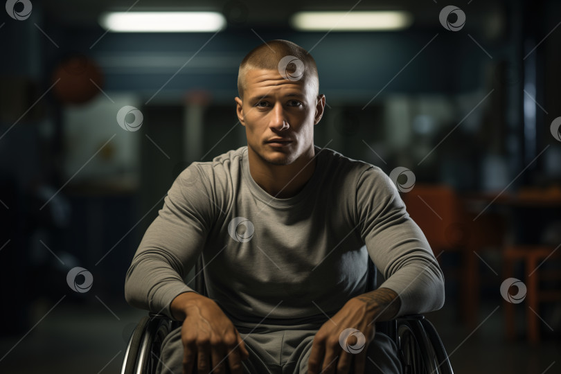 Скачать Травмы и тренировки по активному образу жизни. Сильный спортсмен-инвалид на инвалидной коляске в тренажерном зале смотрит в камеру фотосток Ozero