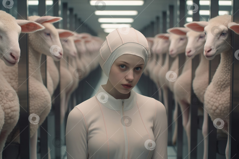 Скачать Концепция клонирования. Странная молодая женщина, стоящая в лаборатории, ряды клонированных овец фотосток Ozero