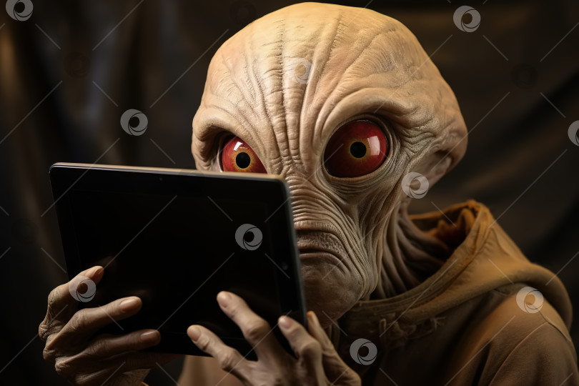 Скачать Удивленный, шокированный инопланетянин, использующий планшет, НЛО и земные технологические гаджеты фотосток Ozero