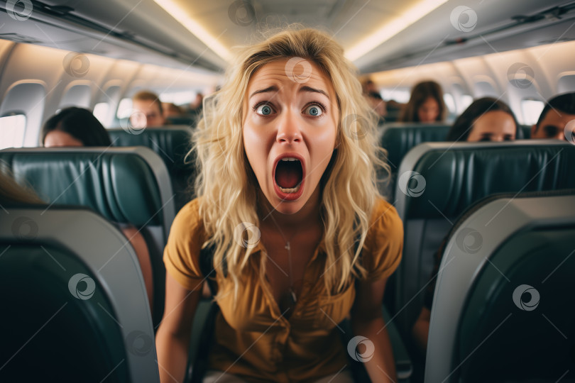 Скачать Женщина-пассажир самолета с выражением паники на лице, молодая женщина кричит, стоя в проходе фотосток Ozero