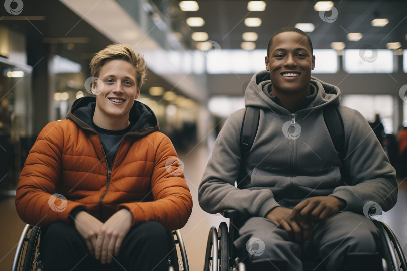 Скачать Два счастливых друга разных рас с ограниченными возможностями, два улыбающихся парня на инвалидной коляске в помещении фотосток Ozero