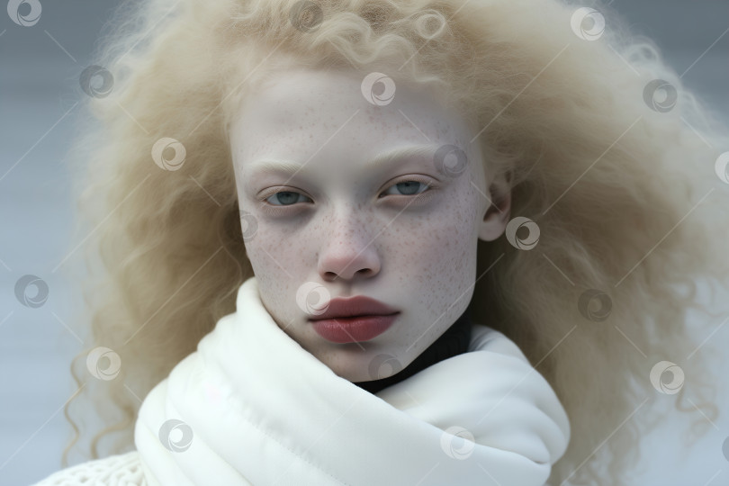 Скачать Модный портрет молодой женщины-модели-альбиноса, стоящей в заснеженном поле зимним днем и смотрящей в камеру фотосток Ozero