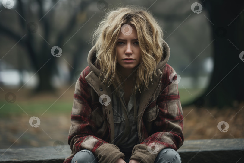 Скачать Концепция одиночества, отчаяния, депрессии, беспомощности. Портрет грустной усталой одинокой женщины, сидящей в парке и смотрящей в камеру пасмурным осенним днем фотосток Ozero