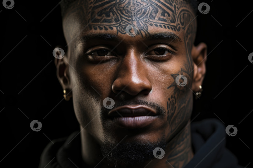 Скачать Мужской снимок головы, изображающий серьезного афроамериканца с татуировкой на лице, смотрящего в камеру фотосток Ozero
