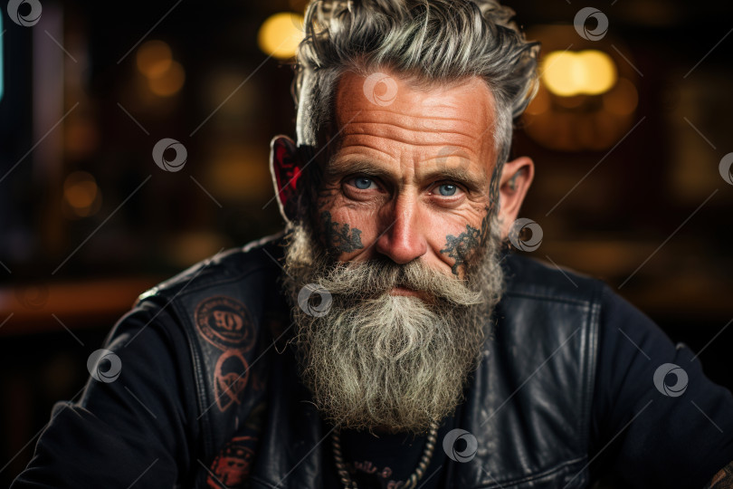 Скачать Портрет пожилого байкера-рокера с татуировкой на лице и седой бородой, смотрящего в камеру, сидя в помещении. фотосток Ozero