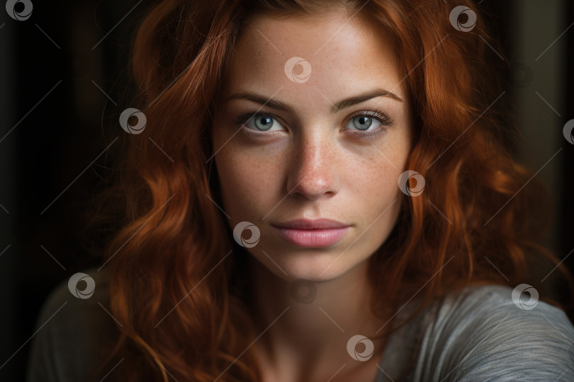 Скачать Женский портрет красивой молодой кавказской модели с рыжими волосами и веснушками, смотрящей в камеру фотосток Ozero
