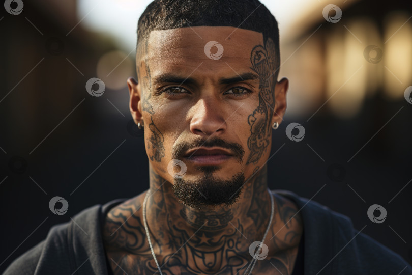Скачать Мексиканский гангстер, портрет опасного сурового молодого мужчины-бандита с татуировкой на лице, смотрящего в камеру на открытом воздухе фотосток Ozero