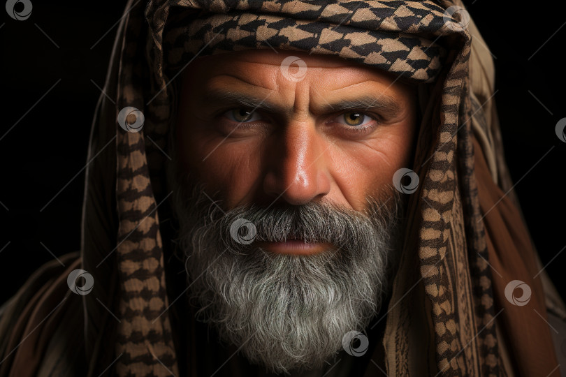 Скачать Портрет серьезного араба-бородатого мусульманина в традиционной одежде, смотрящего в камеру фотосток Ozero