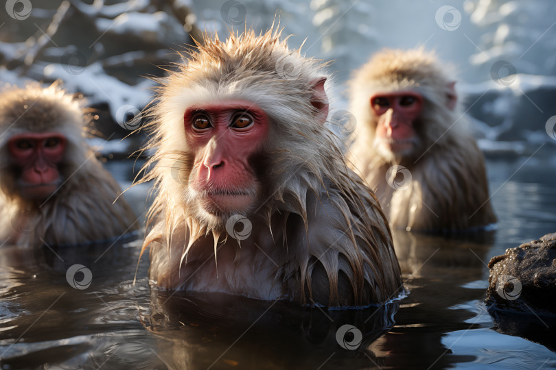 Скачать Японские макаки сидят зимой в горячем источнике фотосток Ozero